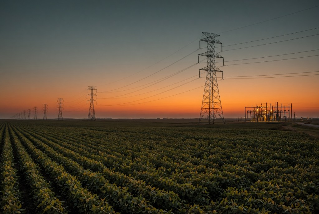 Transmission towers crossing a Midwestern soybean field at dusk on a hot September evening, with a substation's lights coming on.